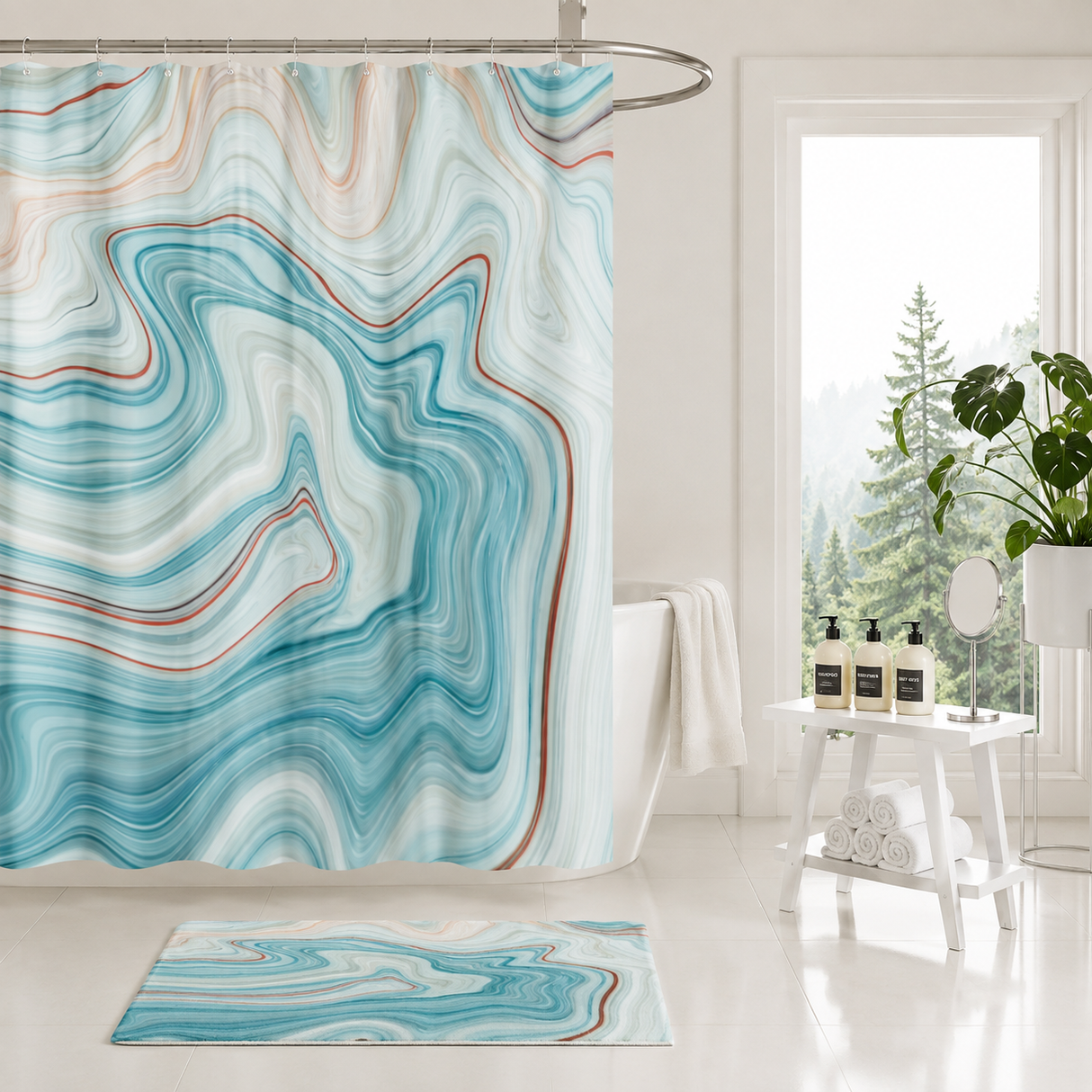 Blue Abstract Marble Shower Curtain
