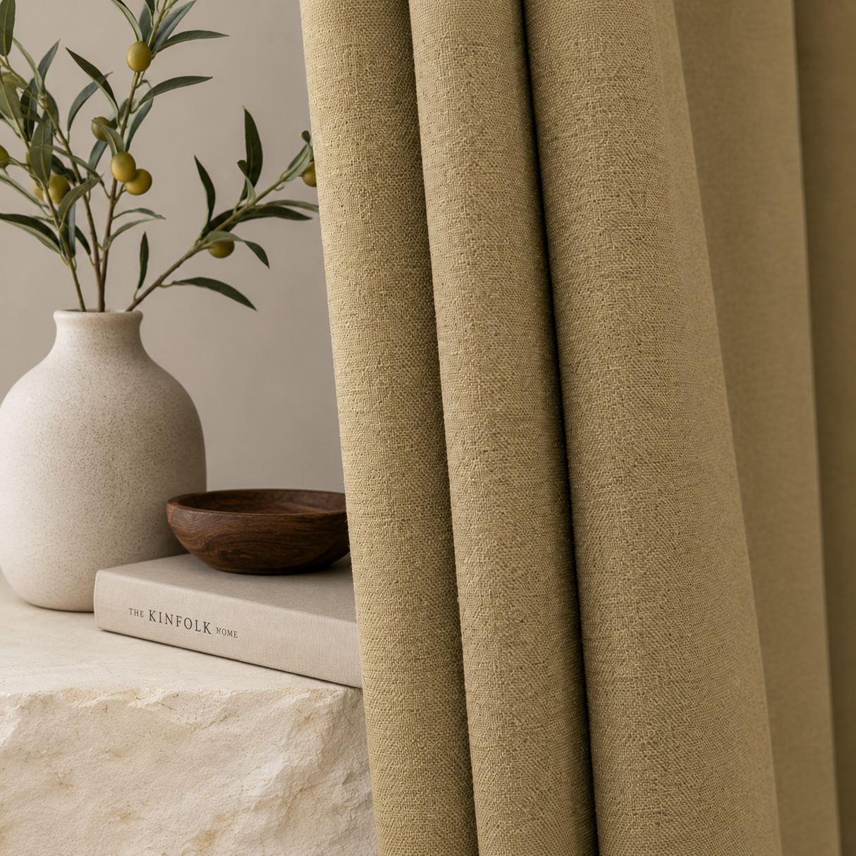 Wheat Beige Linen Blackout Pinch Pleat Curtains