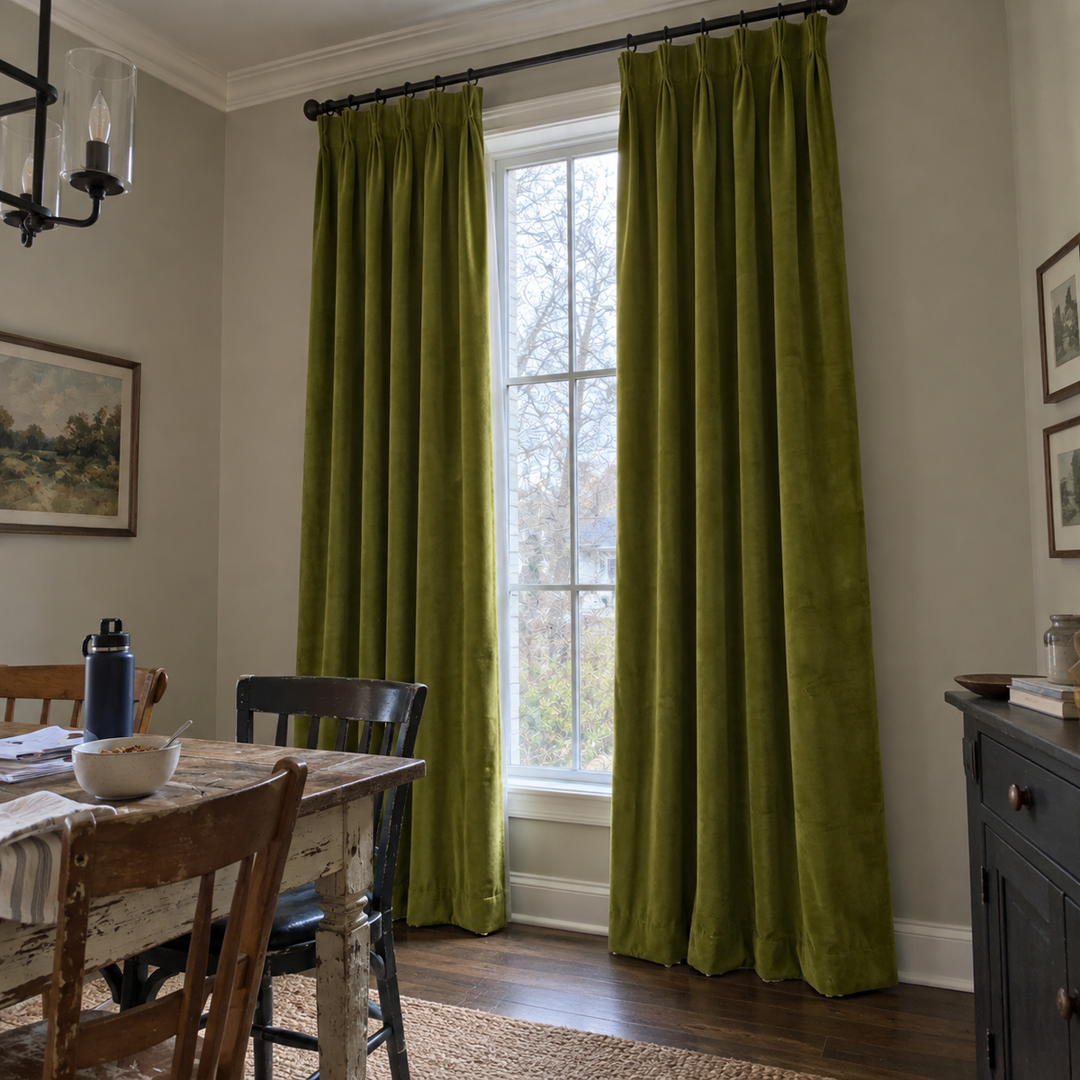 108 Inch Long Avocado Green Velvet Curtains
