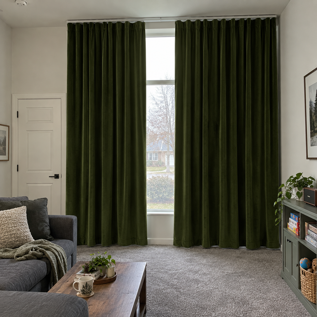 108 Inch Long Olive Green Velvet Curtains
