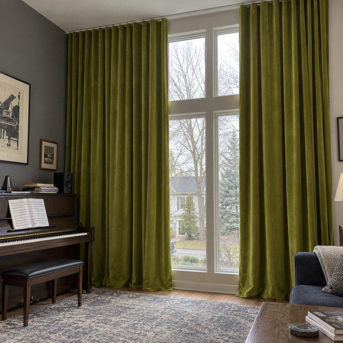 120 Inch Long Avocado Green Velvet Curtains