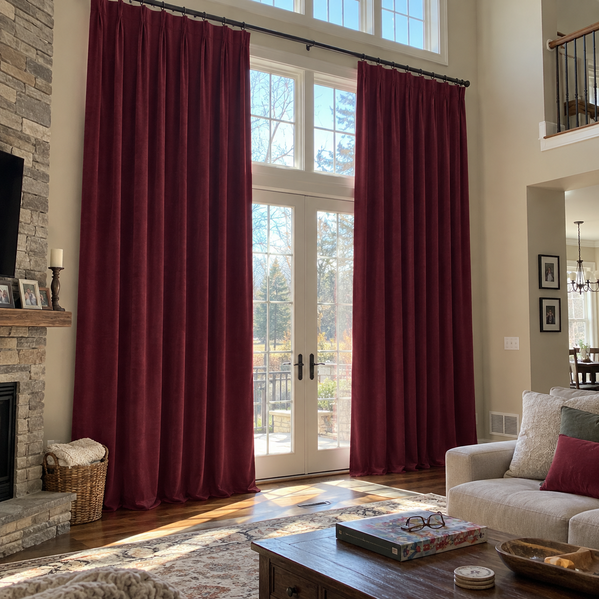 120 Inch Long Burgundy Red Velvet Curtains