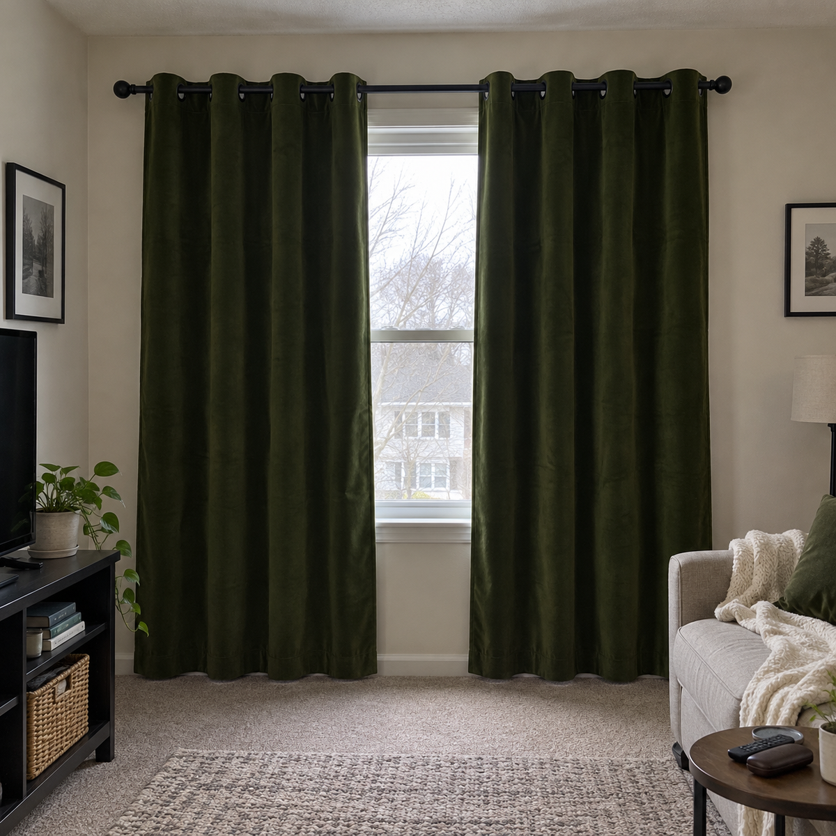 84 Inch Long Olive Green Velvet Curtains