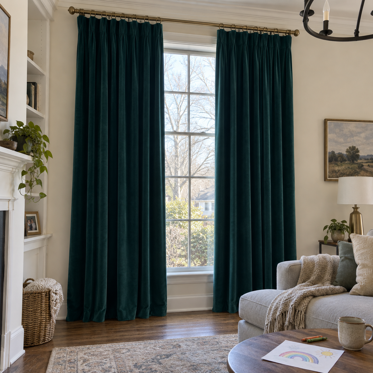 96 Inch Long Dark Jade Green Velvet Curtains