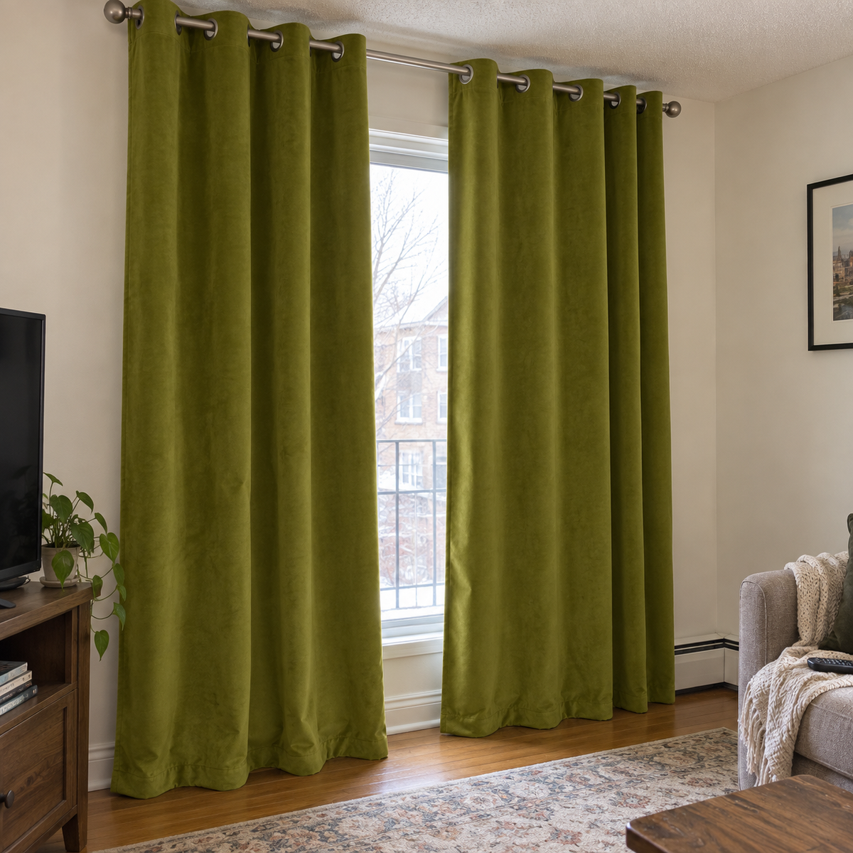 96 Inch Long Avocado Green Velvet Curtains