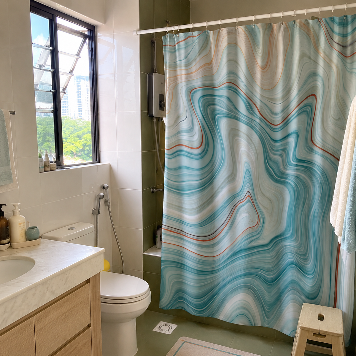 Blue Abstract Marble Shower Curtain