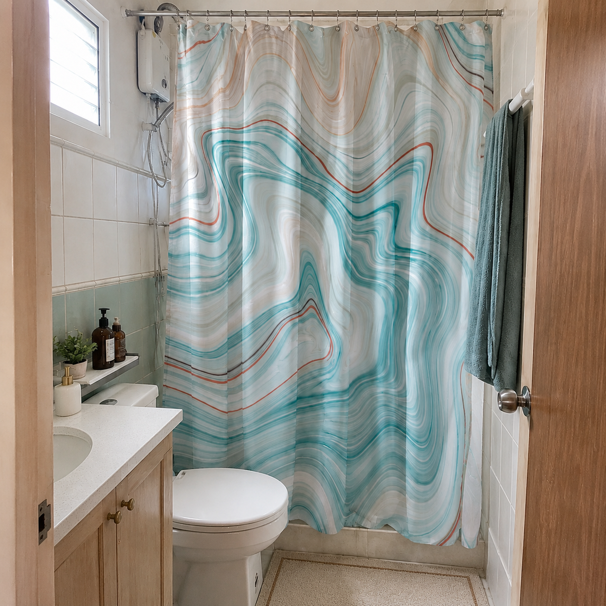 Blue Abstract Marble Shower Curtain