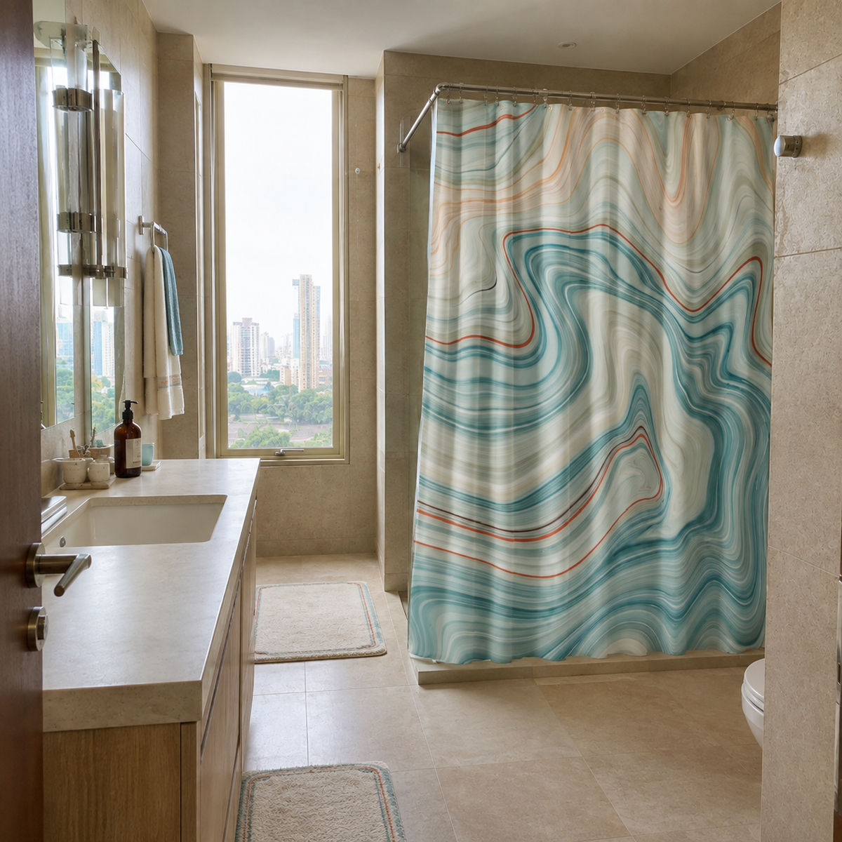 Blue Abstract Marble Shower Curtain