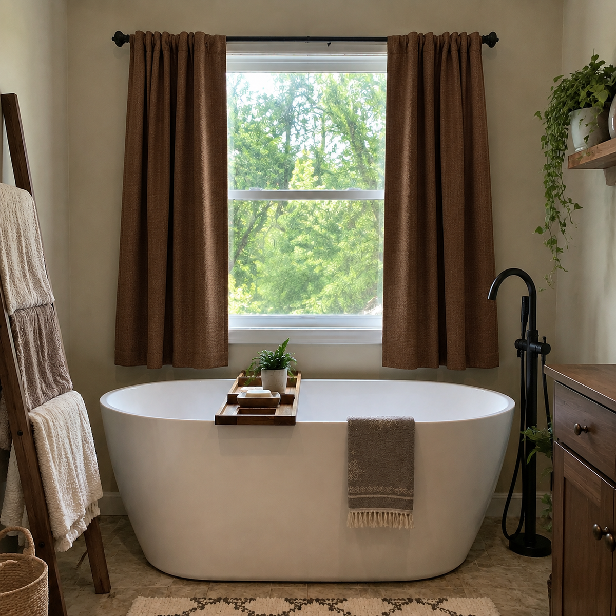 63 Inch Long Mocha Brown Double-Sided Cotton Blend Blackout Curtains
