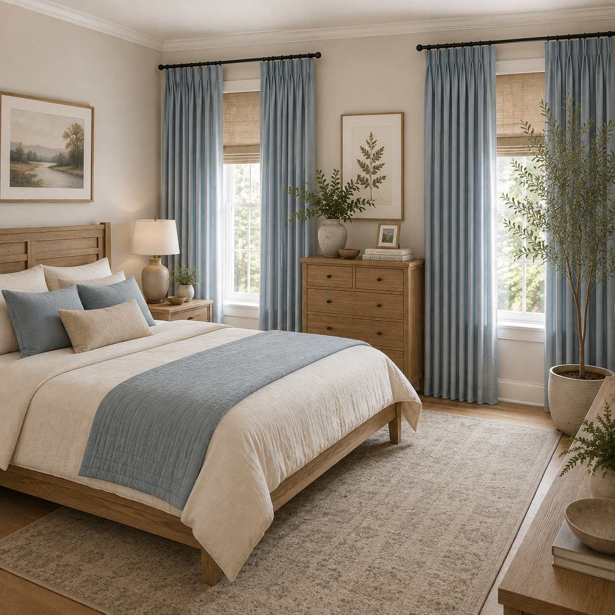Misty Blue Double-Sided Cotton Blend Blackout Pencil Pleat Curtains