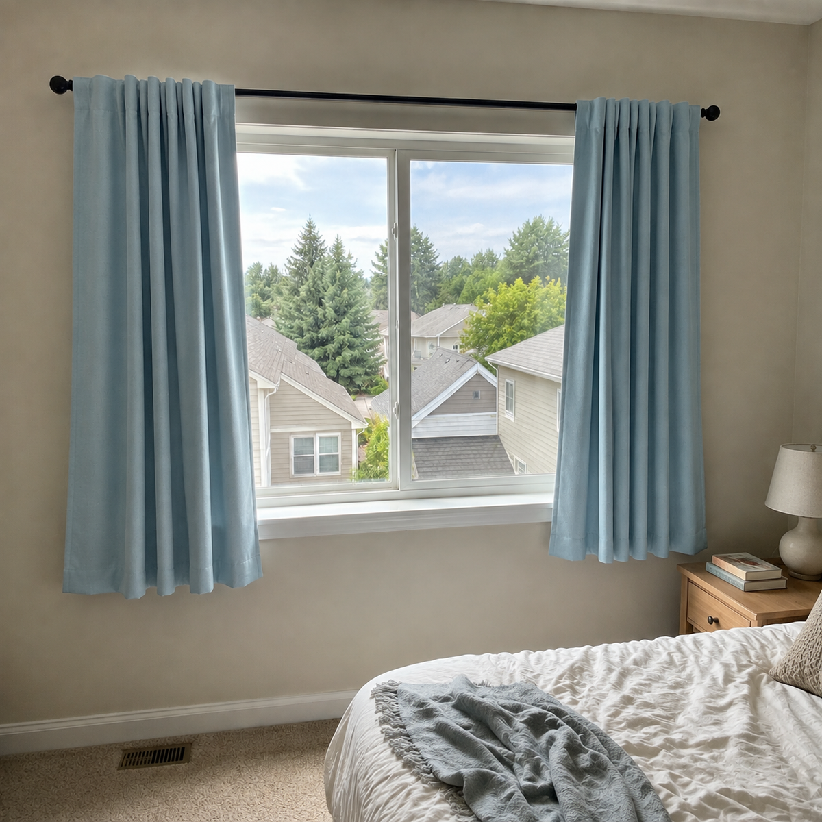 63 Inch Long Misty Blue Double-Sided Cotton Blend Blackout Curtains