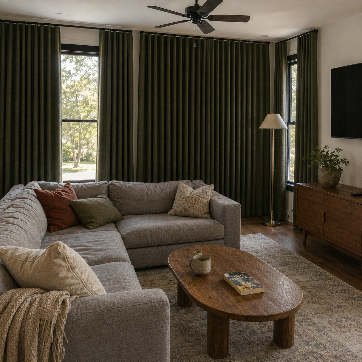 Vintage Green Linen Rod Pocket Curtains