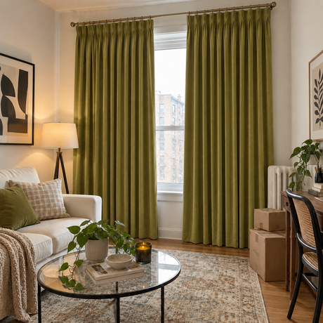 Avocado Green Velvet Pinch Pleat Curtains
