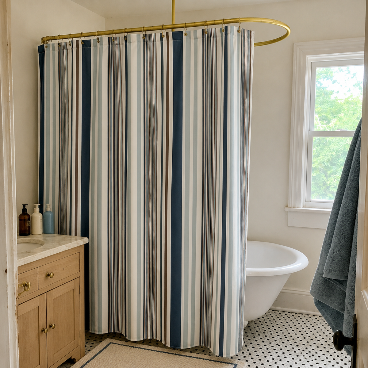 Coastal Blue Striped Shower Curtain