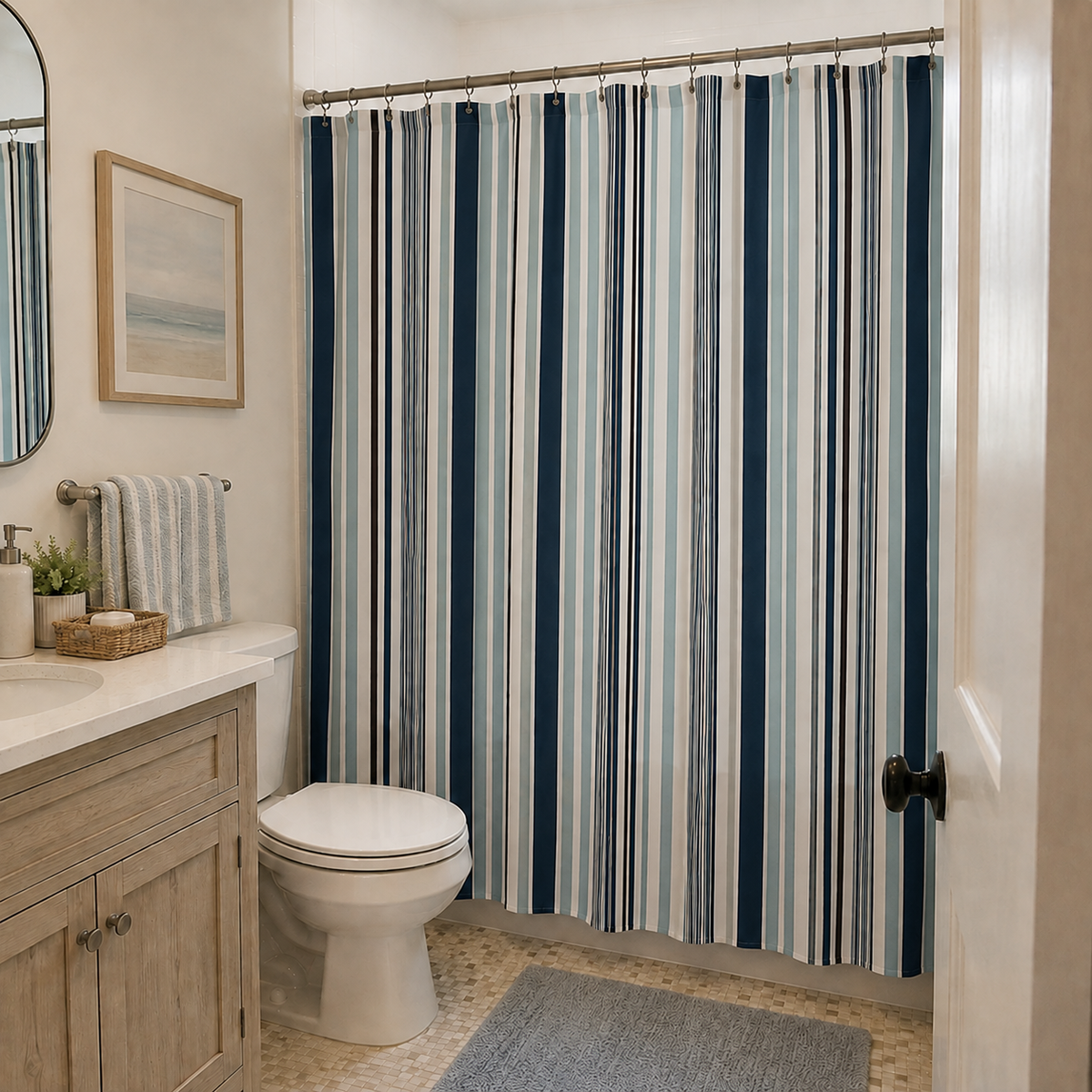 Coastal Blue Striped Shower Curtain