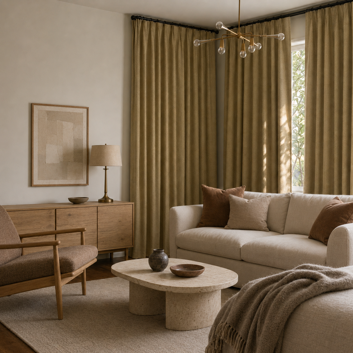 Wheat Beige Linen Blackout Pinch Pleat Curtains