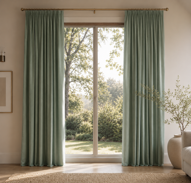 Sage Green Velvet Pencil Pleat Curtains