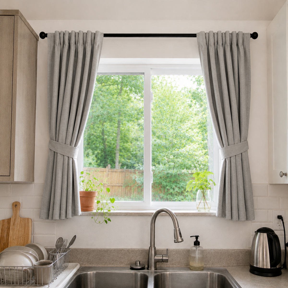 63 Inch Long Soft Grey Double-Sided Cotton Blend Blackout Curtains