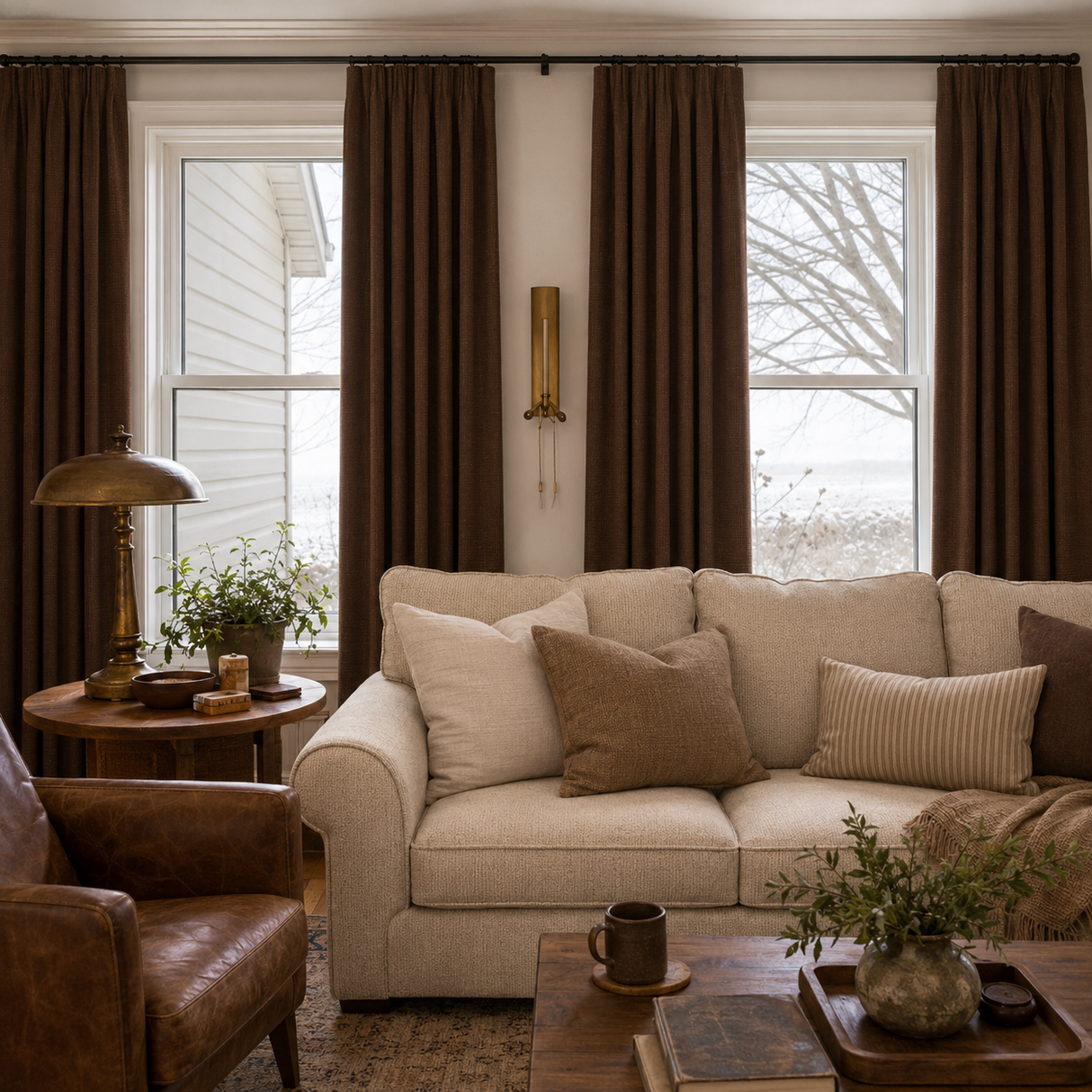 63 Inch Mocha Brown Double-Sided Cotton Blend Blackout Curtains