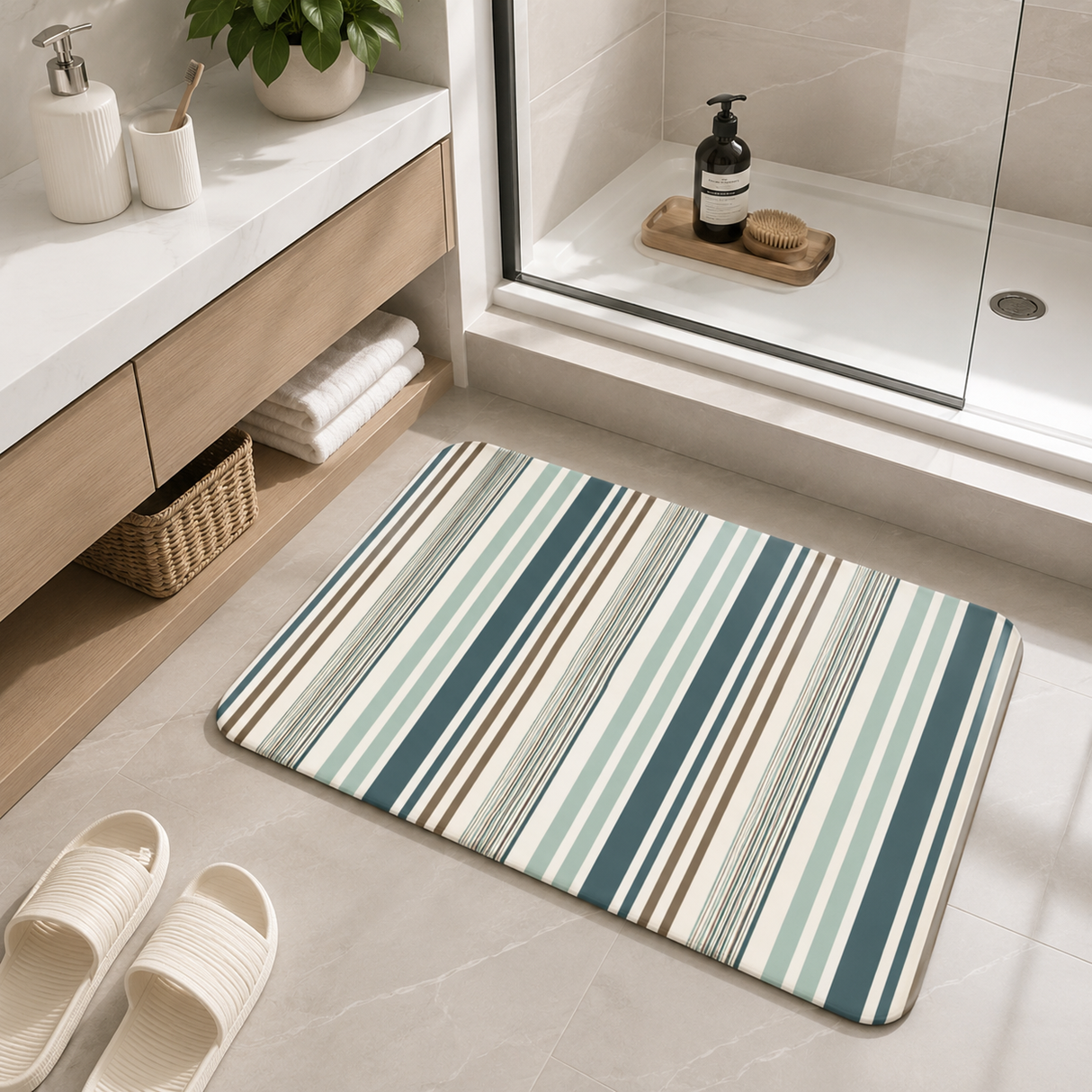 Blue & Gray Striped Coral Fleece Non-Slip Bath Mat