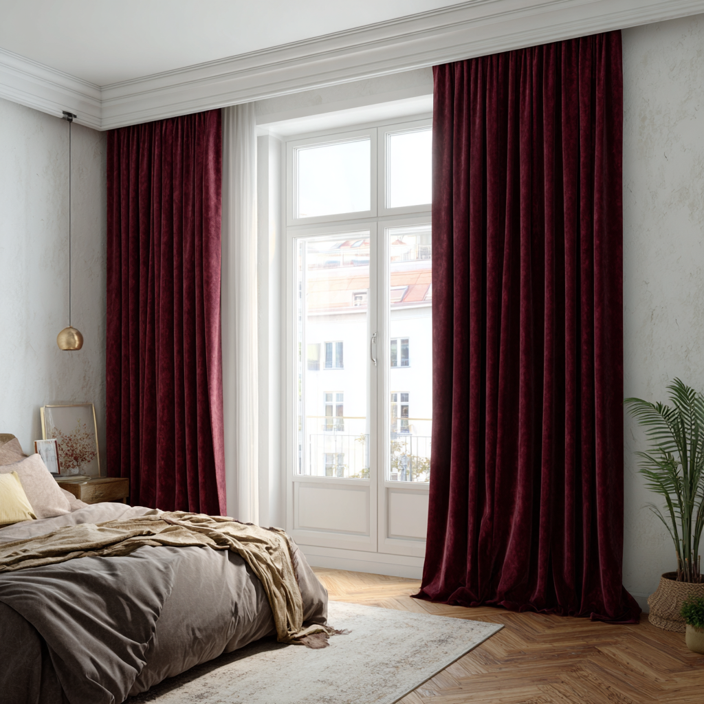 Wine Red Velvet Blackout Curtains – Fully Blackout Drapes